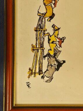 Vintage R. BERN Equestrian Lithograph - Horses Jumping Fence - Framed